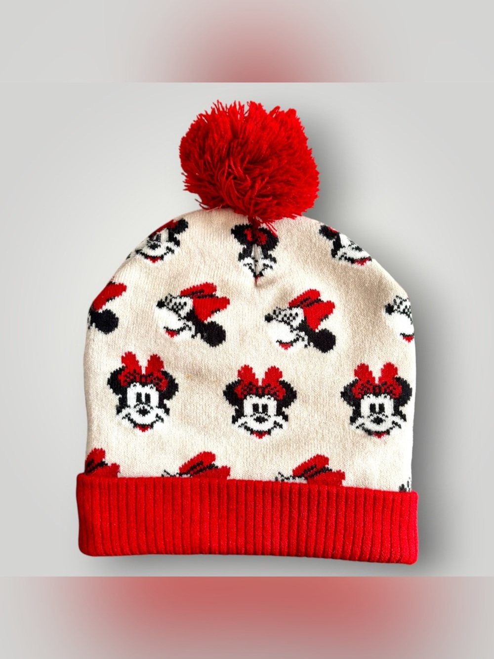 Disney Toddler Minnie Mouse Knit Beanie Toboggan with Red Pom Size 2T-5T